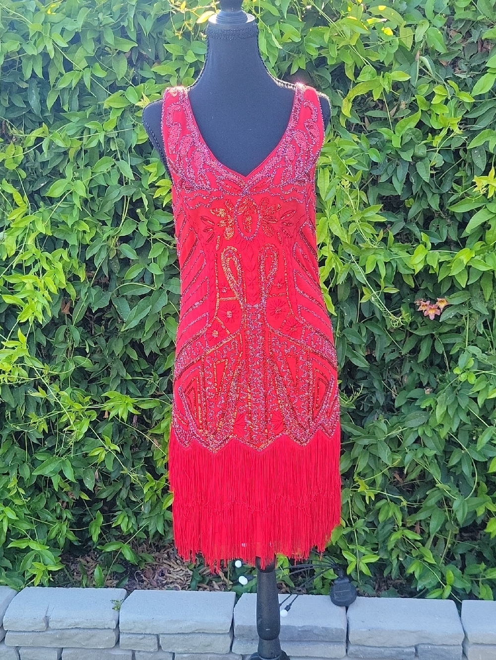 Vintage Inspired Red Beaded Fringe Flapper Dress L